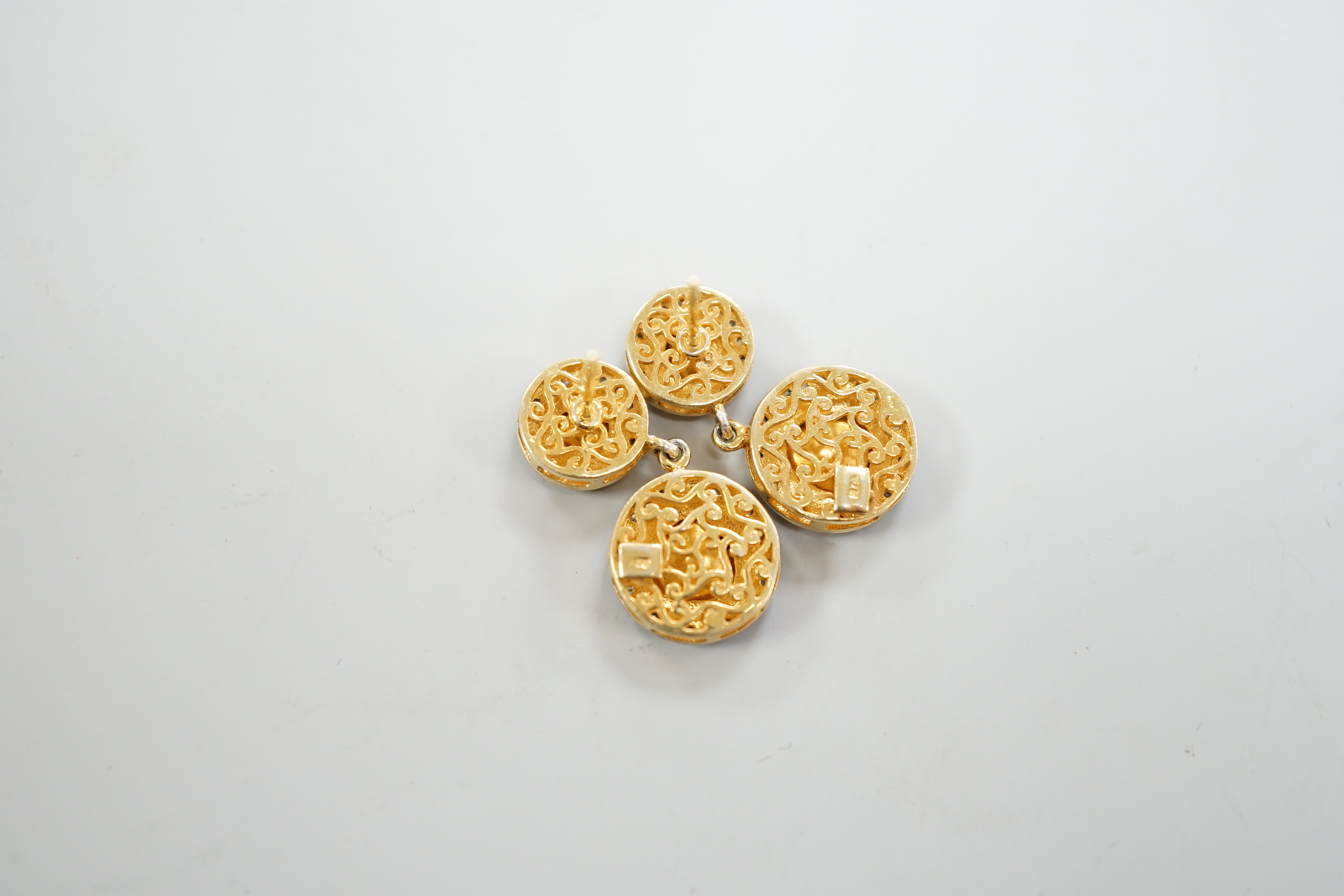 A pair of Indian? yellow metal, flat and rose cut diamond cluster set drop earrings, 27mm, gross weight 5.7 grams.